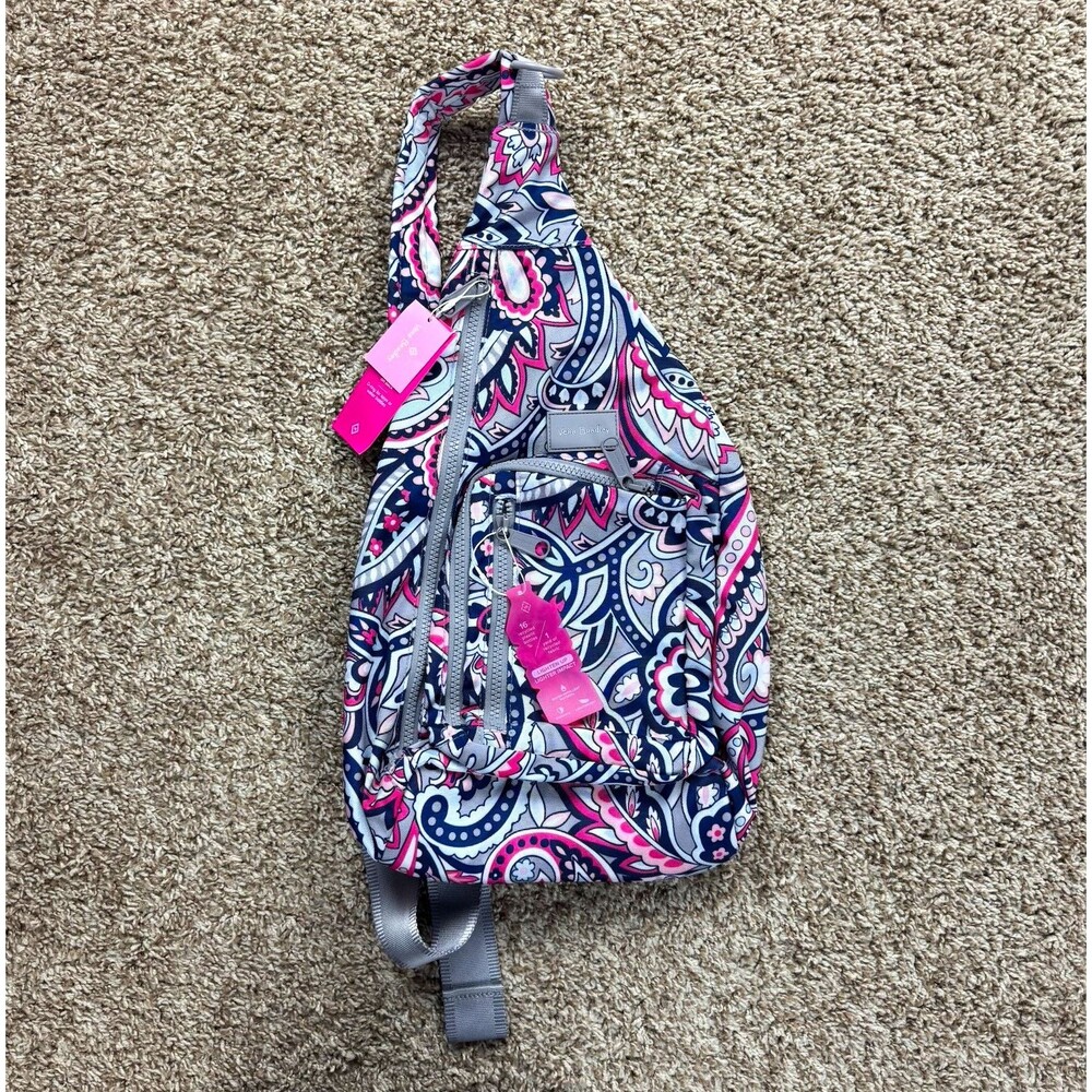 Vera Bradley ReActive Sling Backpack Gramercy Paisley Pink Navy Crossbody NWT